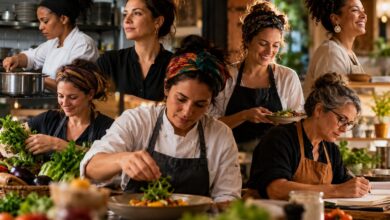 Mulheres trabalhando juntas em uma cozinha de restaurante