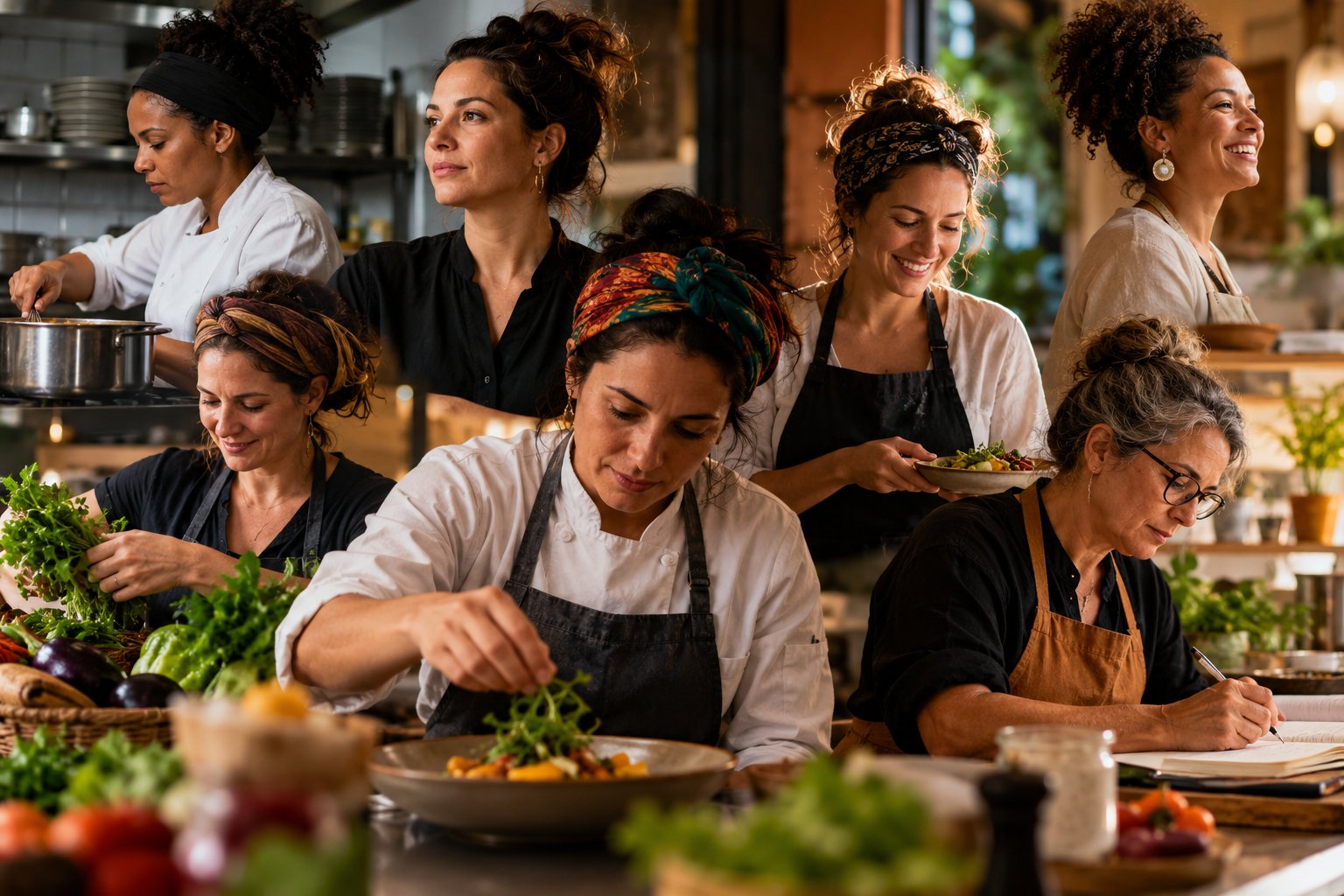 Mulheres trabalhando juntas em uma cozinha de restaurante