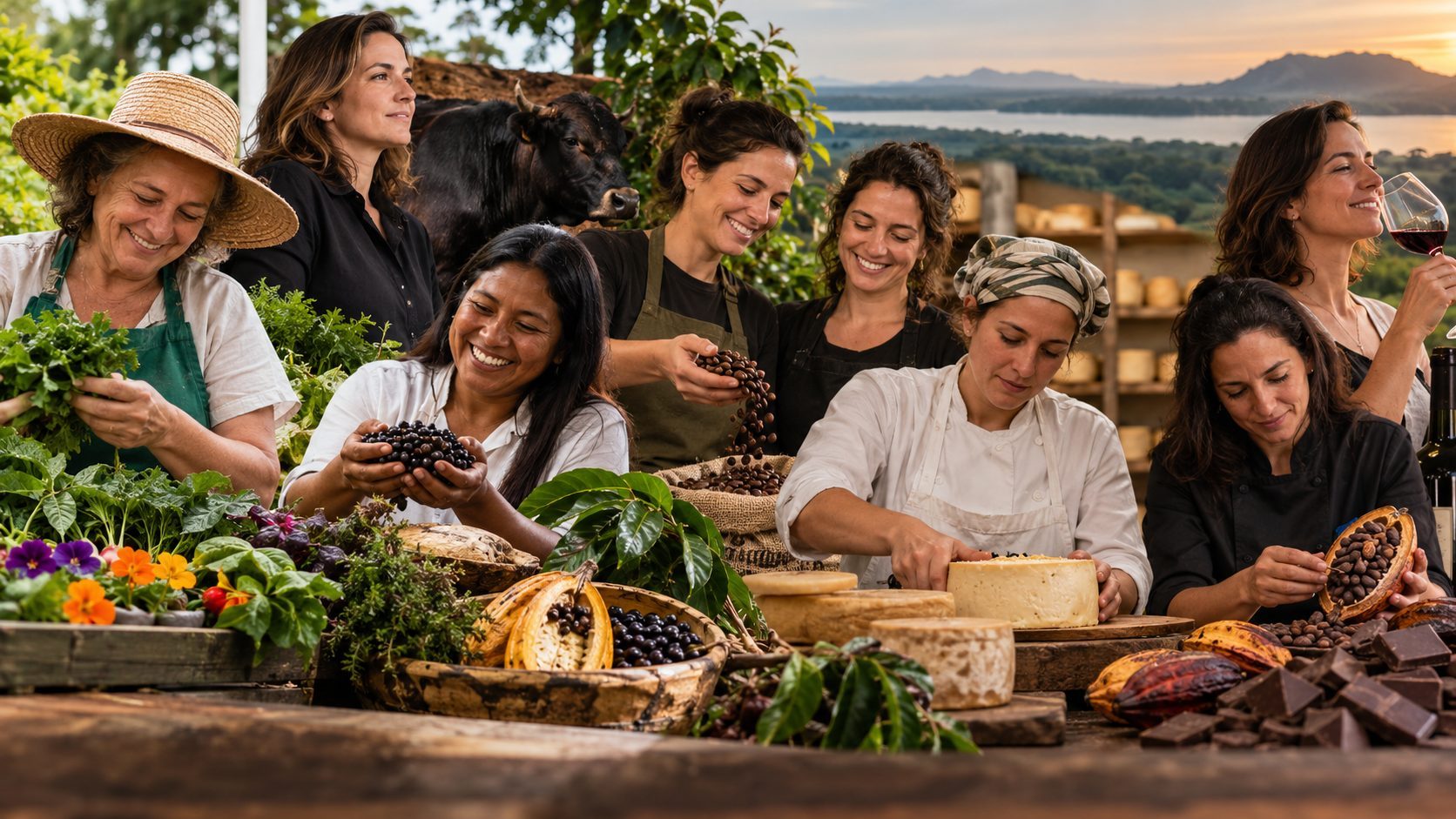 Mulheres produtoras de hortaliças, café, queijo, cacau e vinho reunidas em uma mesa de ingredientes